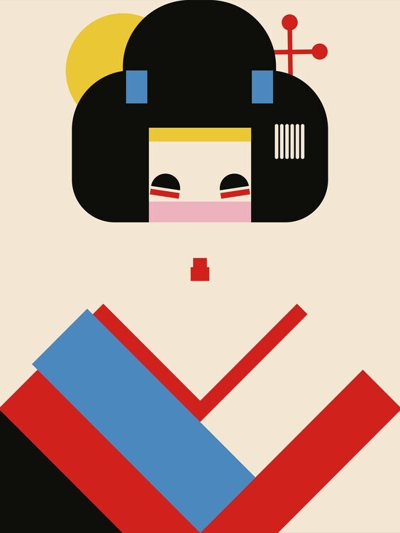 Retrodrome Plakát, Obraz - Geisha Girl Geometric Illustration, Retrodrome, 30 × 40 cm
