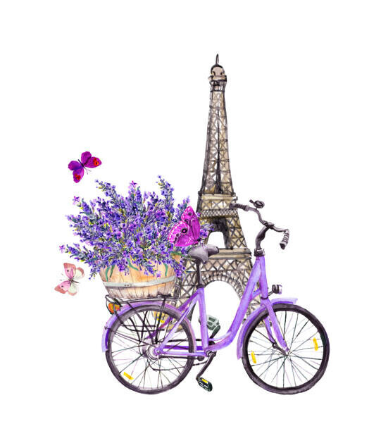 zzorik Plakát, Obraz - Butterflies, Eiffel tower, bicycle with lavender, zzorik, 35.4 × 40 cm