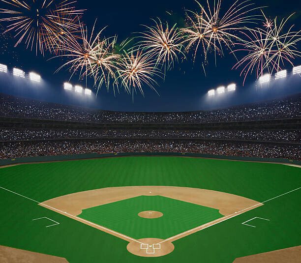 David Madison Plakát, Obraz - Baseball field and stadium with fireworks in sky., David Madison, 40 × 35 cm