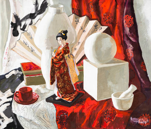 VvoeVale Plakát, Obraz - still life with Japanese doll, geometric shapes, VvoeVale, 40 × 34.3 cm