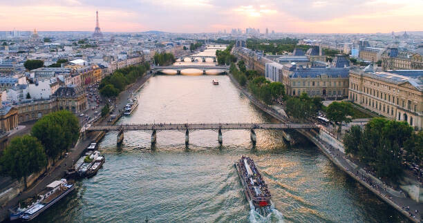 pawel.gaul Plakát, Obraz - Paris aerial Seine river sunset France, pawel.gaul, 40 × 22.2 cm