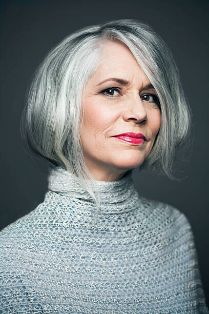 Andreas Kuehn Plakát, Obraz - Grey haired lady with red lipstick, portrait., Andreas Kuehn, 26.7 × 40 cm