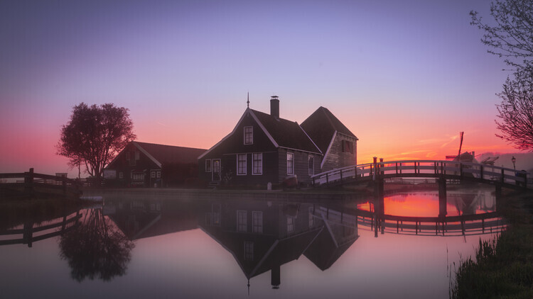 Juan Carlos Hervás Martínez Plakát, Obraz - Amanecer noc niebla en Zaanse Schans, Juan Carlos Hervás Martínez, 40 × 22.2 cm