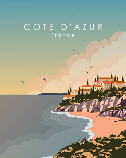 Kristina Bilous Plakát, Obraz - Cote Dazur France travel poster, Kristina Bilous, 30 × 40 cm