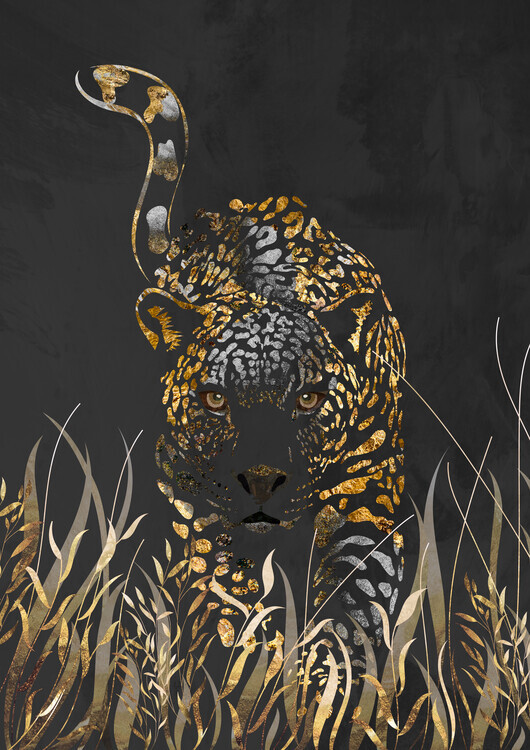 Sarah Manovski Plakát, Obraz - Black gold jaguar in grass, Sarah Manovski, 30 × 40 cm
