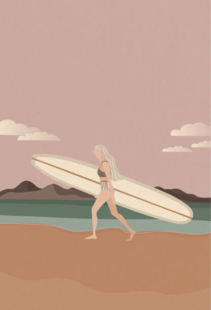 LucidSurf Plakát, Obraz - Surfer girl walking on the beach, LucidSurf, 26.7 × 40 cm