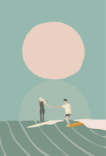 LucidSurf Plakát, Obraz - A surf couple surfing on the longboard surfboards, LucidSurf, 26.7 × 40 cm