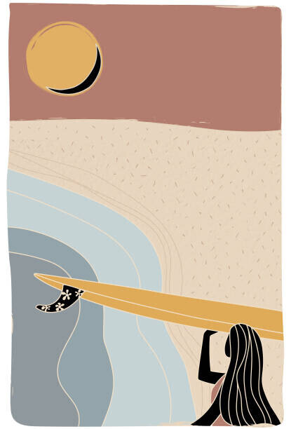LucidSurf Plakát, Obraz - Surfer girl walking with the longboard, LucidSurf, 26.7 × 40 cm