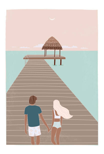 LucidSurf Plakát, Obraz - Flat illustration of romantic couple on, LucidSurf, 26.7 × 40 cm