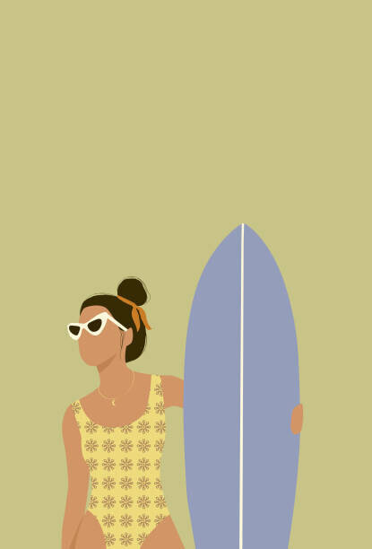 LucidSurf Plakát, Obraz - Flat illustration of surfer girl holding, LucidSurf, 26.7 × 40 cm