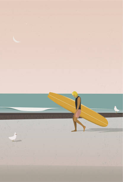 LucidSurf Plakát, Obraz - Longboard surfer walking on the beach, LucidSurf, 26.7 × 40 cm