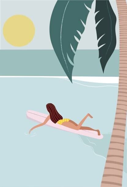 LucidSurf Plakát, Obraz - Surfer girl puddle out on longboard, LucidSurf, 26.7 × 40 cm