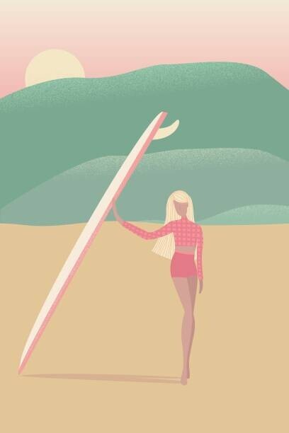 LucidSurf Plakát, Obraz - Flat Illustration of Surfer Girl on, LucidSurf, 26.7 × 40 cm