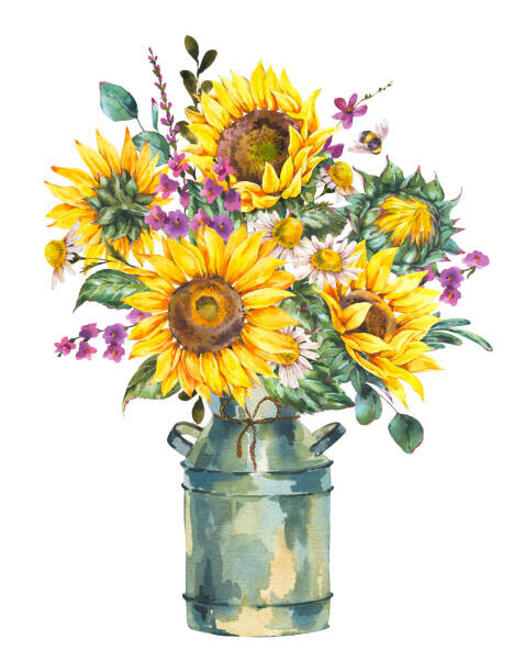 Varvara Kurakina Plakát, Obraz - Watercolor rustic farmhouse sunflower bouquet, vintage, Varvara Kurakina, 30 × 40 cm