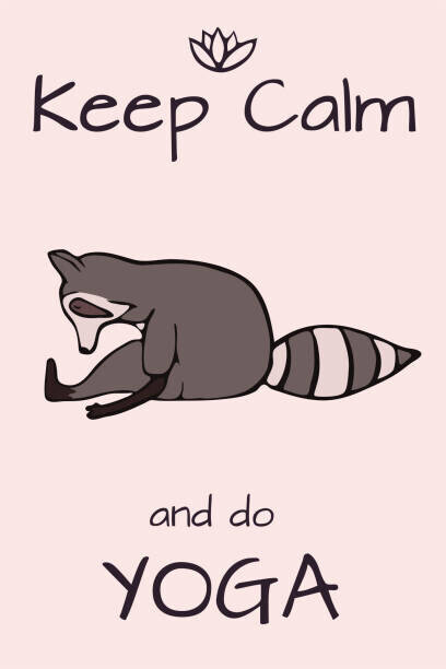 Daria Khivrenko Plakát, Obraz - Hand drawn yoga raccoon with lettering, Daria Khivrenko, 26.7 × 40 cm