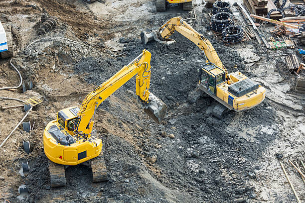 Don Mason Plakát, Obraz - Aerial view of diggers at construction site, Don Mason, 40 × 26.7 cm