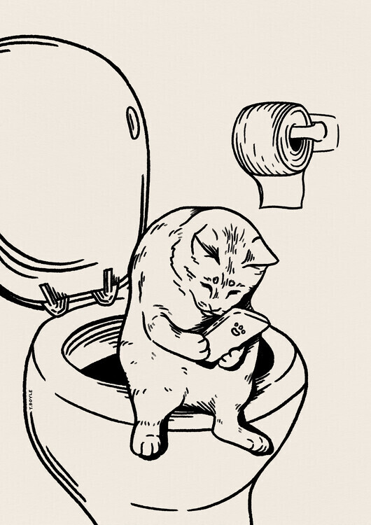 Tara Royle Plakát, Obraz - Cat on Toilet in black, Tara Royle, 30 × 40 cm