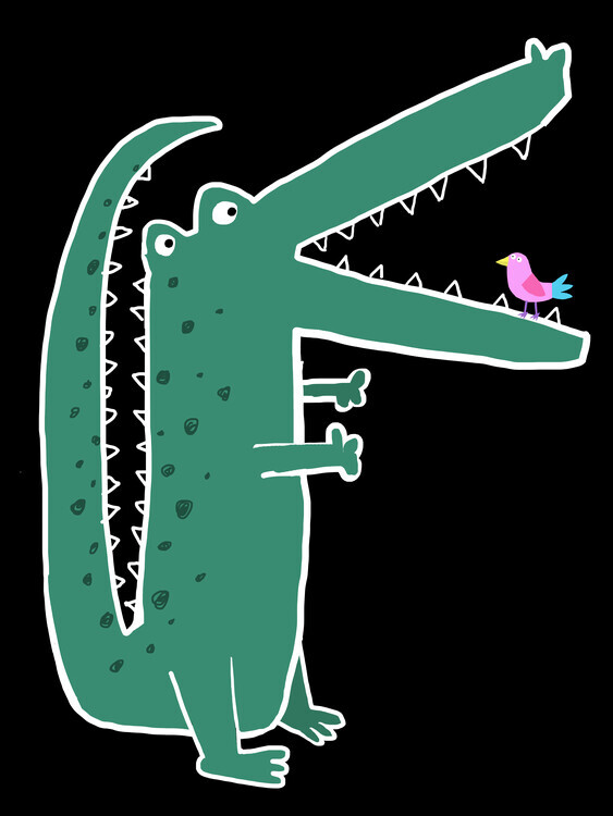 Carla Daly Plakát, Obraz - Crocodile with Cute Bird, Carla Daly, 30 × 40 cm