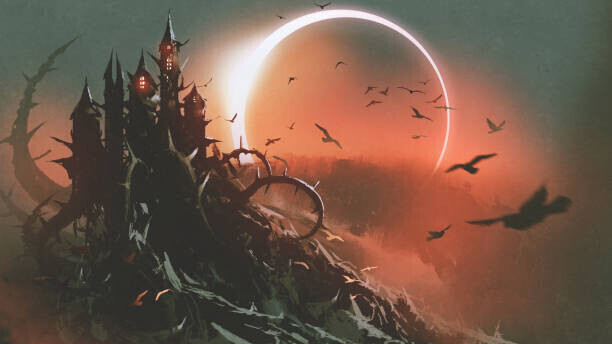Grandfailure Plakát, Obraz - castle of thorn with solar eclipse in dark sky, Grandfailure, 40 × 22.2 cm