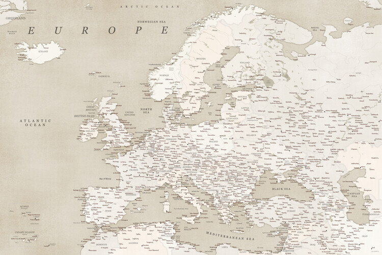Blursbyai Plakát, Obraz - Sepia vintage detailed map of Europe, Blursbyai, 40 × 26.7 cm