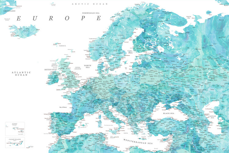 Blursbyai Plakát, Obraz - Detailed map of Europe in aquamarine watercolor, Blursbyai, 40 × 26.7 cm