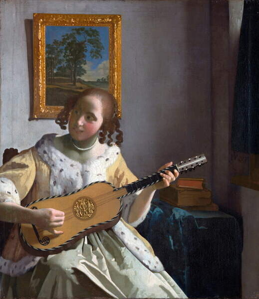Vermeer, Jan (Johannes) Plakát, Obraz - La joueuse de guitar, Vermeer, Jan (Johannes), 34.6 × 40 cm