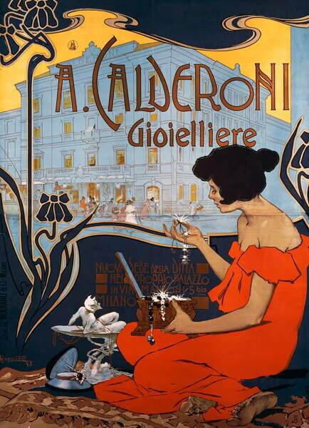 Hohenstein, Adolfo Plakát, Obraz - Advertising poster for Calderoni Jewelers in Milan, 1898, by Adolf Hohenstein , Italy, 19th century, Hohenstein, Adolfo, 30 × 40 cm