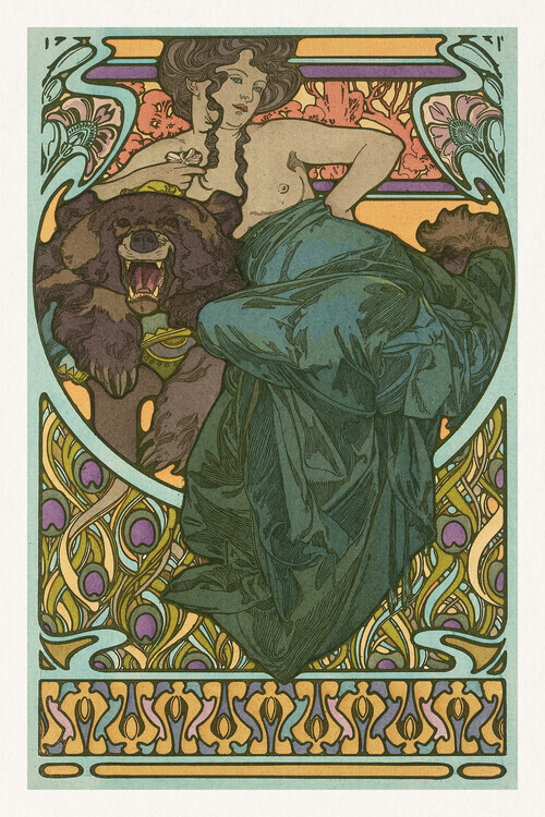 Alfons Mucha Plakát, Obraz - Woman and Bear (1901), Alfons Mucha, 26.7 × 40 cm