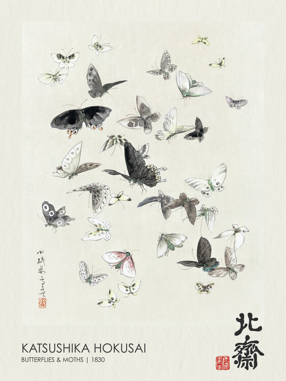 Katsushika Hokusai Plakát, Obraz - Butterflies & Moths (1830), Katsushika Hokusai, 30 × 40 cm