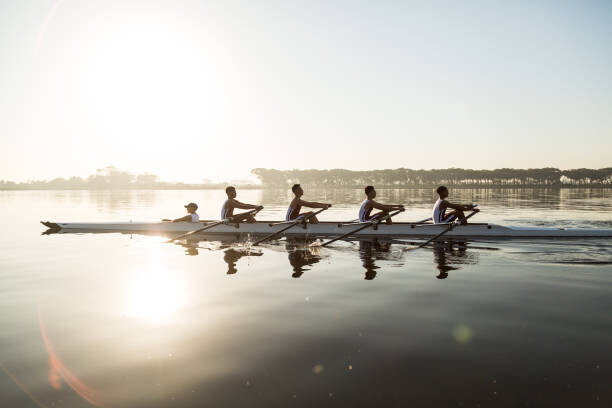 Alistair Berg Plakát, Obraz - Mixed race rowing team training on a lake at dawn, Alistair Berg, 40 × 26.7 cm