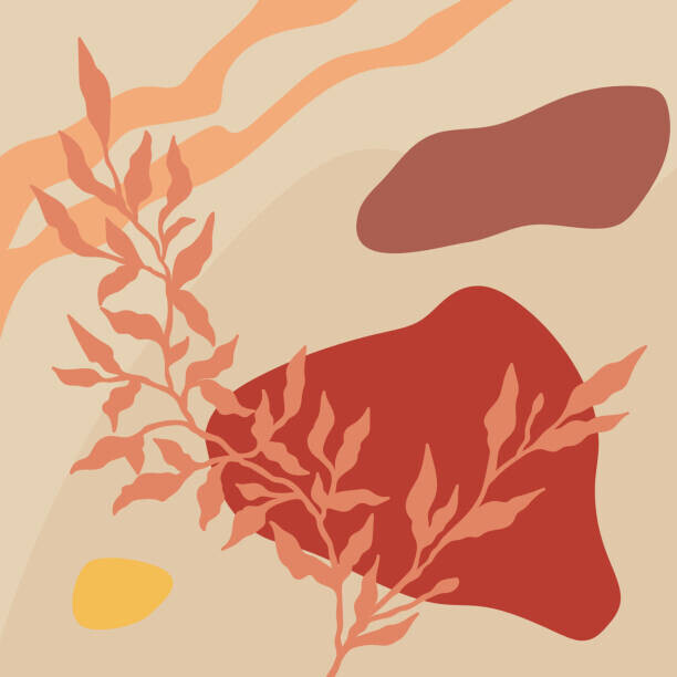 Mariia Petrova Plakát, Obraz - Abstract botanical background with shapes and lines in orange, red and beige colors. Concept vector art, Mariia Petrova, 40 × 40 cm