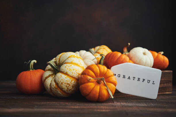 CatLane Plakát, Obraz - Collection of miniature pumpkins in wooden crate with GRATEFUL message for Fall and Thanksgiving, CatLane, 40 × 26.7 cm
