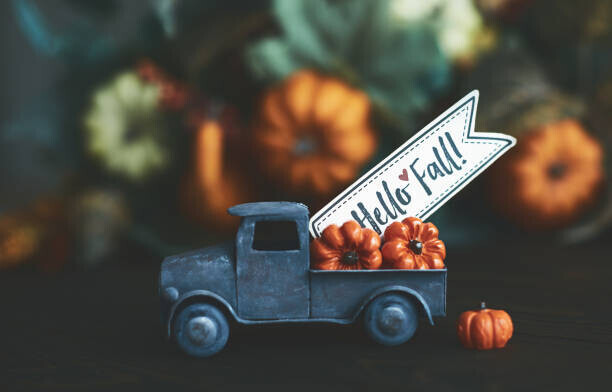 CatLane Plakát, Obraz - Little truck with load of miniature pumpkins for fall and Thanksgiving, CatLane, 40 × 26.7 cm