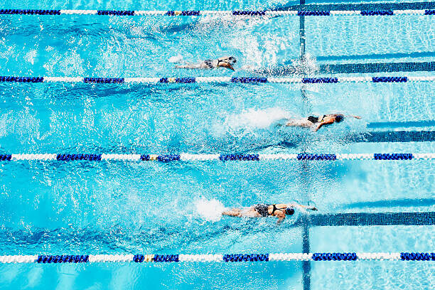 Thomas Barwick Plakát, Obraz - Competitive swimmers racing in outdoor pool, Thomas Barwick, 40 × 26.7 cm