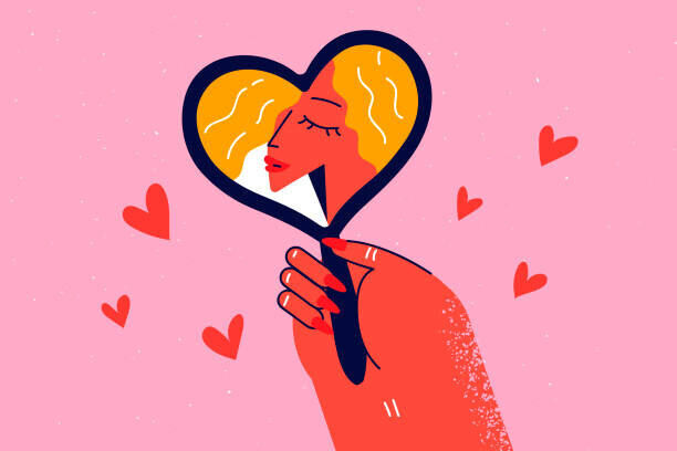 Denis Novikov Plakát, Obraz - Woman look in heart-shaped mirror, Denis Novikov, 40 × 26.7 cm