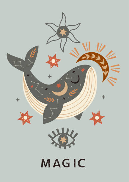 nataka Plakát, Obraz - celestial poster with whale,moon,eye,sun, nataka, 30 × 40 cm