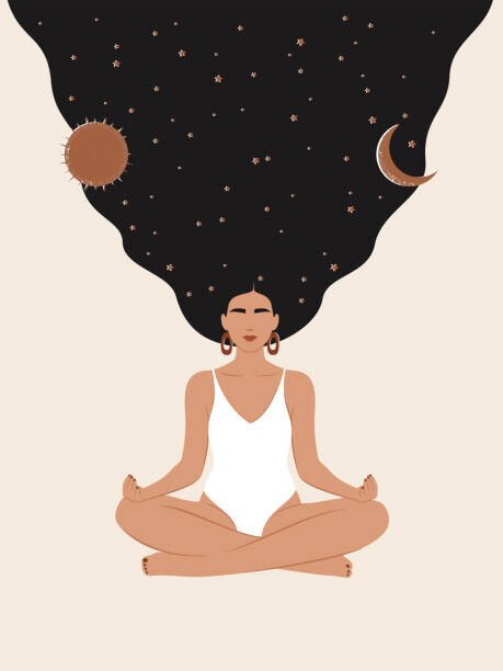MAIKOVA Plakát, Obraz - Vector woman with starry hair, sun, MAIKOVA, 30 × 40 cm