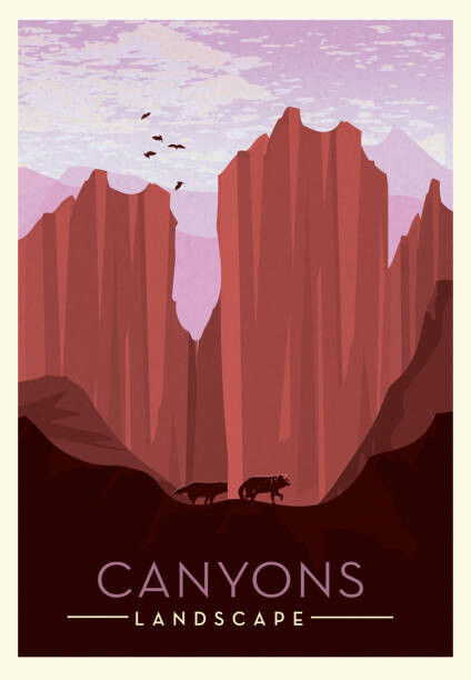 JDawnInk Plakát, Obraz - Canyon lands with cliff, wolves and, JDawnInk, 26.7 × 40 cm