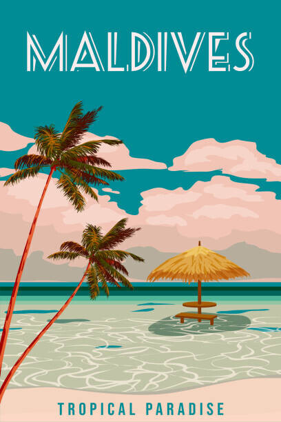 VectorUp Plakát, Obraz - Travel poster Maldives tropical resort vintage, VectorUp, 26.7 × 40 cm