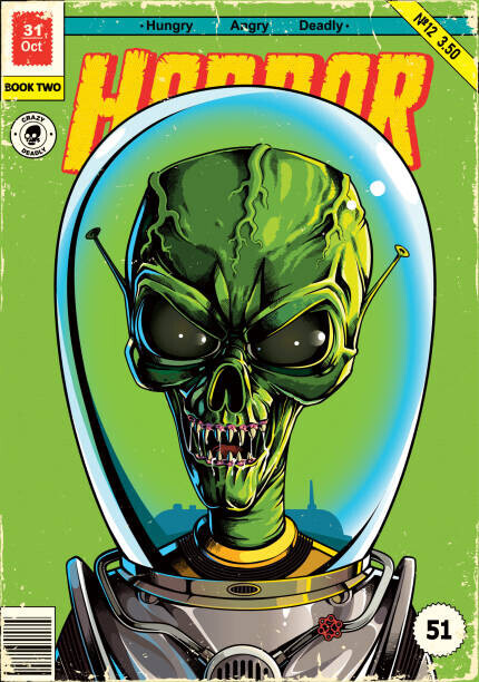 Man_Half-tube Plakát, Obraz - Green alien in spacesuit comic book poster, Man_Half-tube, 26.7 × 40 cm