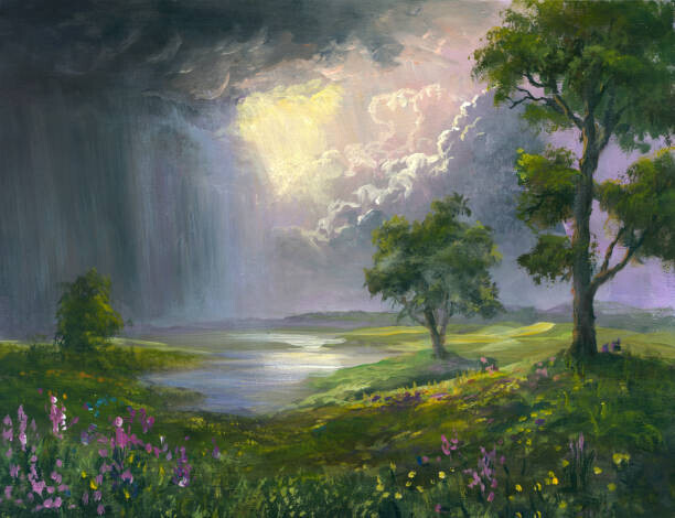 Pobytov Plakát, Obraz - Summer rain, oil painting, Pobytov, 40 × 30 cm