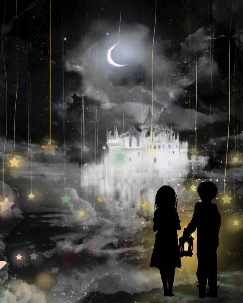 NORIMA Plakát, Obraz - Moonlight and drifting clouds, cutout-style monochrome, NORIMA, 30 × 40 cm