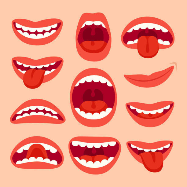 Tetiana Lazunova Plakát, Obraz - Cartoon mouth elements collection. Show tongue,, Tetiana Lazunova, 40 × 40 cm
