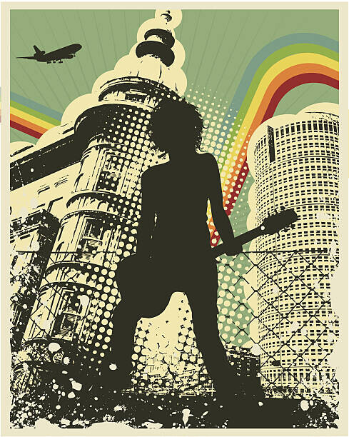 sengerg Plakát, Obraz - Retro Grunge City Guitar Player, sengerg, 30 × 40 cm