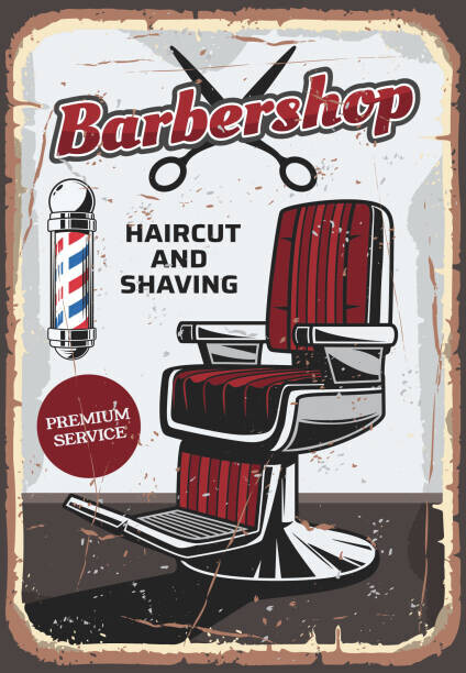 seamartini Plakát, Obraz - Barbershop chair and scissors, retro vector, seamartini, 26.7 × 40 cm