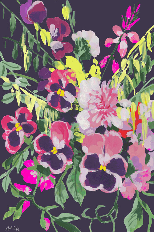Ania Zwara Plakát, Obraz - Pink Pansies On Dark Purple, Ania Zwara, 26.7 × 40 cm