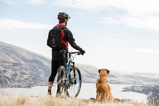 Jordan Siemens Plakát, Obraz - A man mountian biking with his dog., Jordan Siemens, 40 × 26.7 cm
