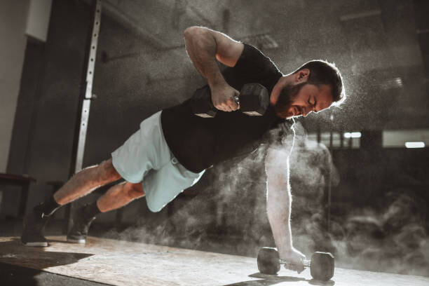 AleksandarGeorgiev Plakát, Obraz - Male During Dumbbell Plank And Pushups, AleksandarGeorgiev, 40 × 26.7 cm