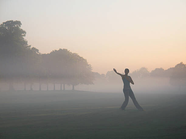 Tom Merton Plakát, Obraz - Woman practicing yoga in foggy field, Tom Merton, 40 × 30 cm