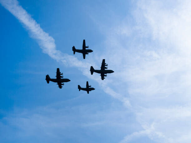Nico De Pasquale Photography Plakát, Obraz - Four Airplanes Flying In Blue Sky, Nico De Pasquale Photography, 40 × 30 cm